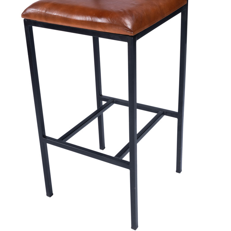 Lazarus Industrial Leather & Iron Bar Stool with Padded Seat