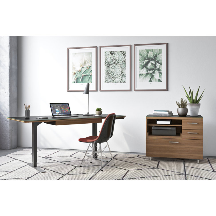Natural Walnut and Satin Nickel Mobile Filing Cabinet with Black Glass Top