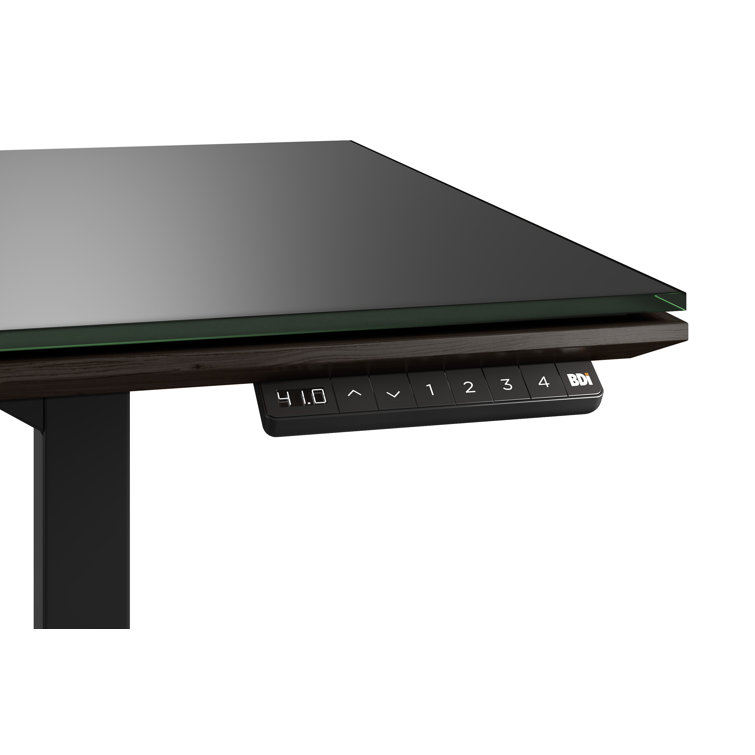 Charcoal Stained Ash Adjustable Glass Top Standing Desk with Power Outlet