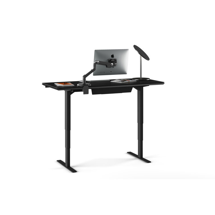 Charcoal Stained Ash Adjustable Glass Top Standing Desk with Power Outlet