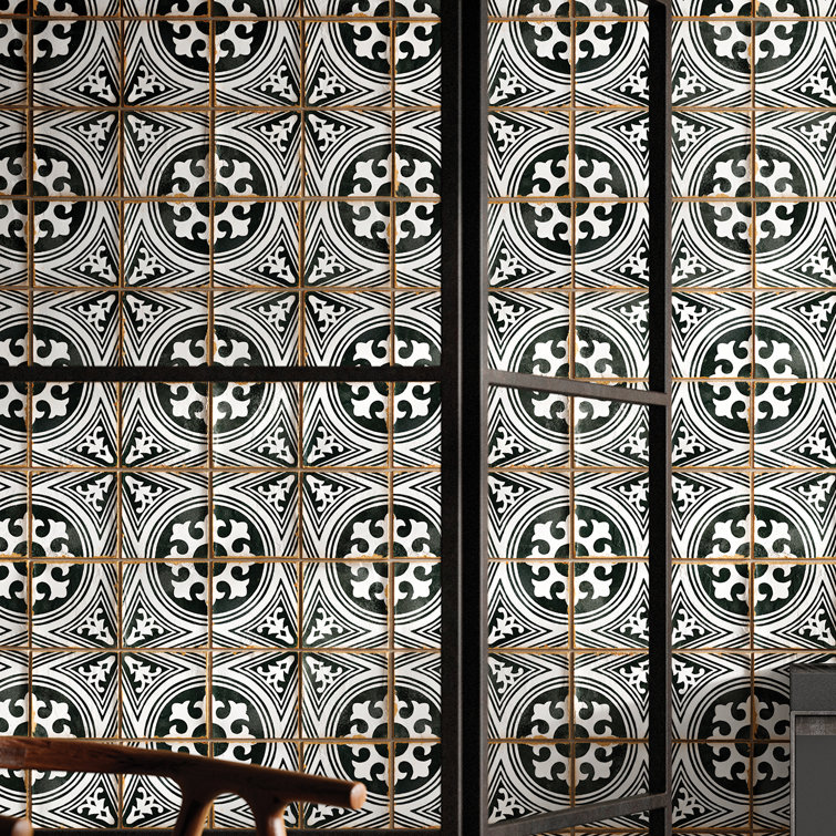Casablanca 5" x 5" Black and White Ceramic Patterned Tile