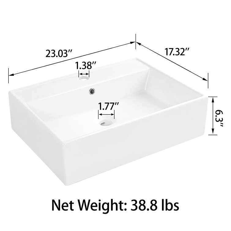 24" White Rectangular Ceramic Countertop Vessel Sink