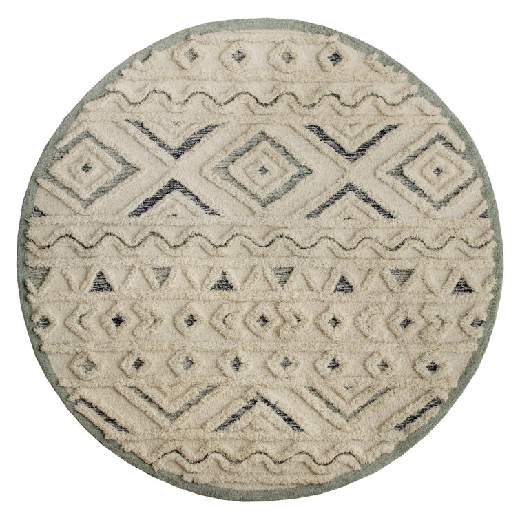 Handmade Light Blue Round Tufted Wool Geometric Area Rug