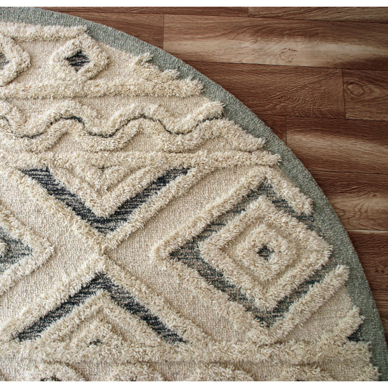 Handmade Light Blue Round Tufted Wool Geometric Area Rug