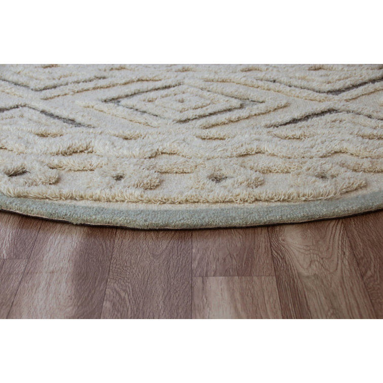 Handmade Light Blue Round Tufted Wool Geometric Area Rug