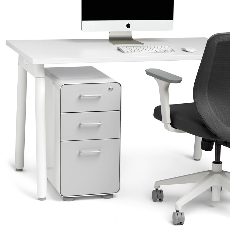 Poppin Slim Stow 3-Drawer Lockable File Cabinet in White & Light Gray