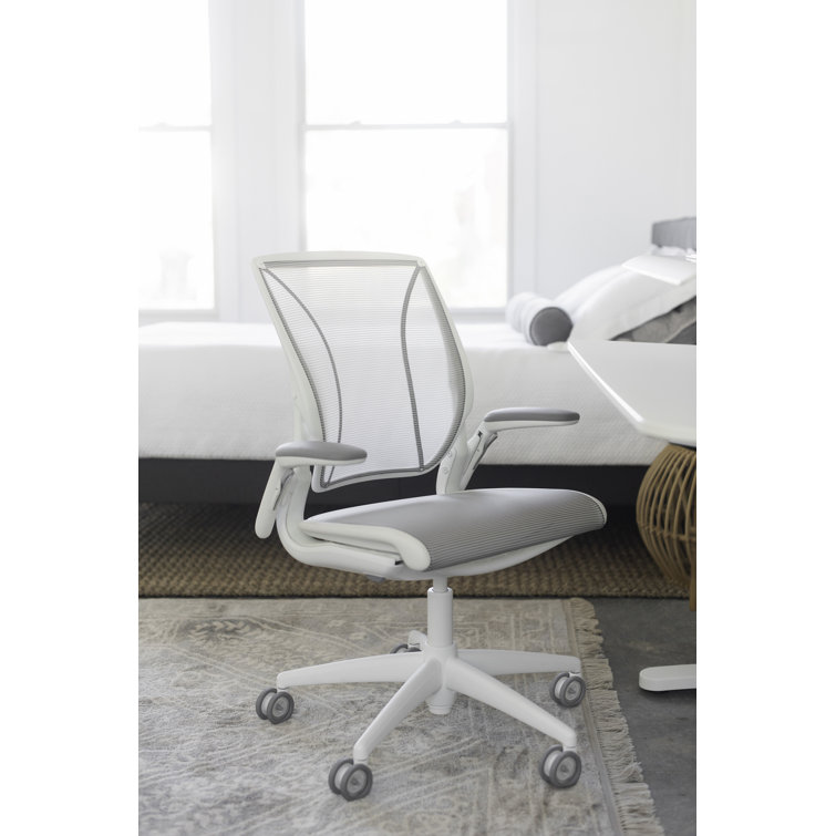 Pinstripe White Mesh Swivel Task Chair with Adjustable Arms