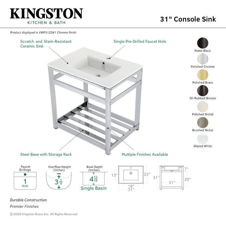 White Ceramic Console Sink with Brushed Nickel Steel Base