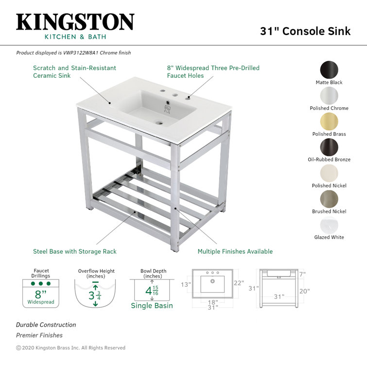White Ceramic Console Sink with Polished Brass Base