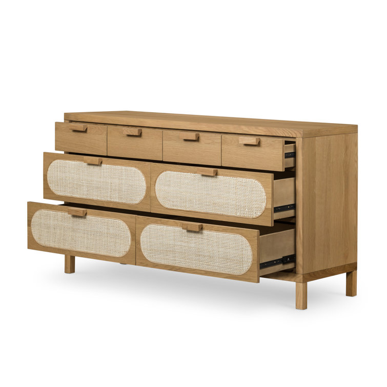 Alder Short Silhouette 8-Drawer Oak and Cane Dresser