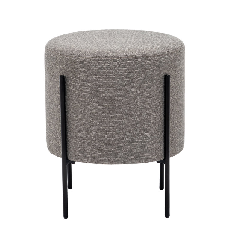 Gray Round Upholstered Ottoman with Black Metal Base