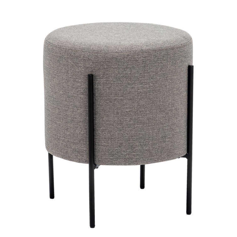Gray Round Upholstered Ottoman with Black Metal Base