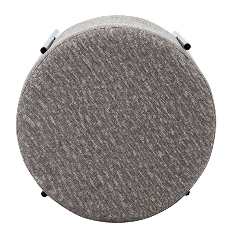 Gray Round Upholstered Ottoman with Black Metal Base