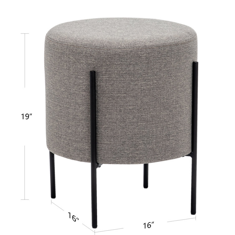 Gray Round Upholstered Ottoman with Black Metal Base