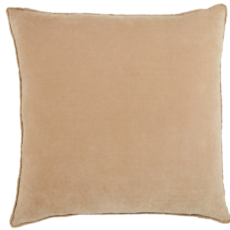 Tan Cotton Square Embroidered Throw Pillow with Fringed Edges