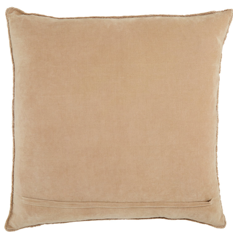 Tan Cotton Square Embroidered Throw Pillow with Fringed Edges