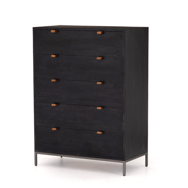 Rosamonde Mid-Century 5-Drawer Black Dresser with Leather Pulls