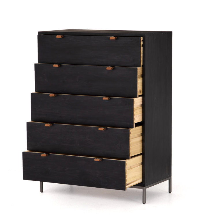 Rosamonde Mid-Century 5-Drawer Black Dresser with Leather Pulls