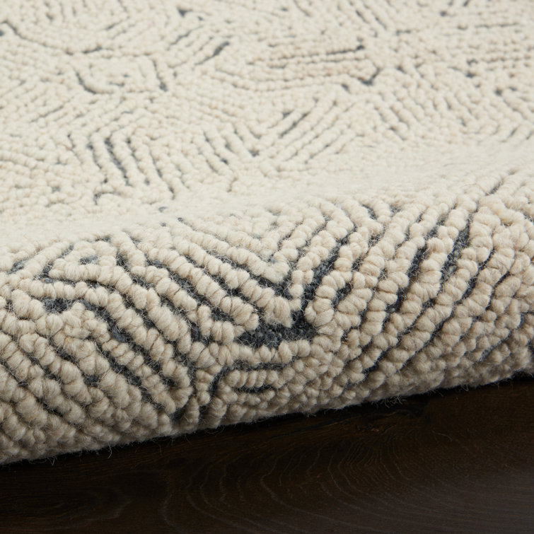 Cream and Navy Tufted Geometric Wool Area Rug