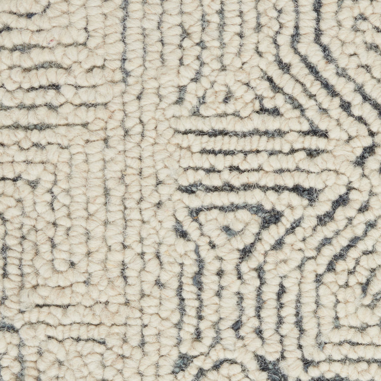 Cream and Navy Tufted Geometric Wool Area Rug