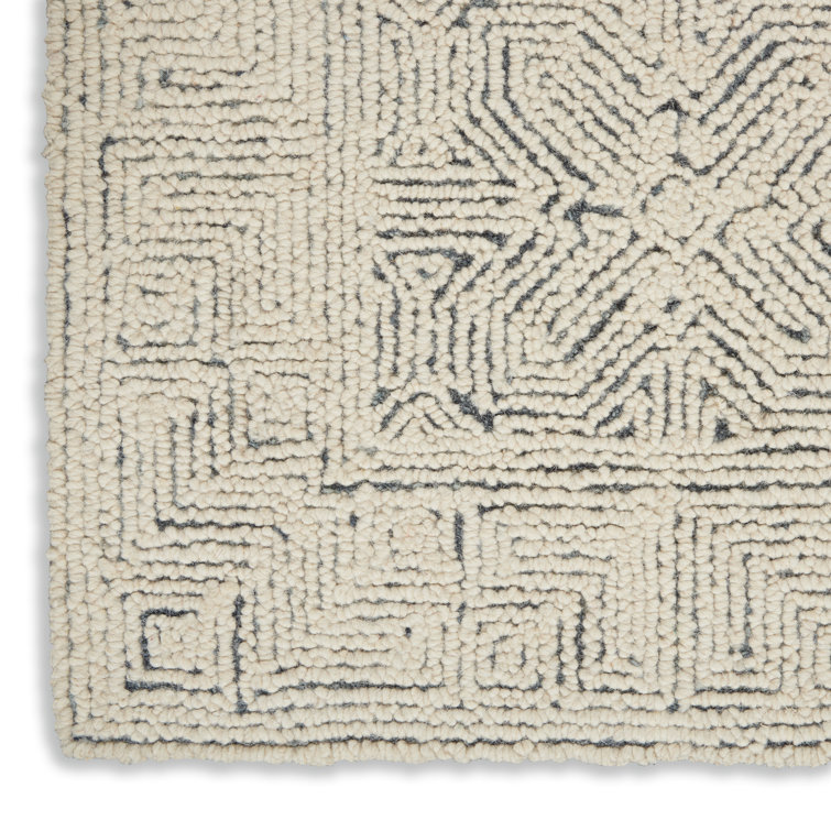 Cream and Navy Tufted Geometric Wool Area Rug