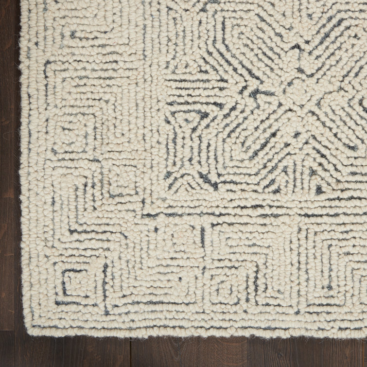 Cream and Navy Tufted Geometric Wool Area Rug