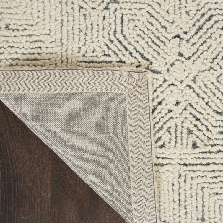 Cream and Navy Tufted Geometric Wool Area Rug