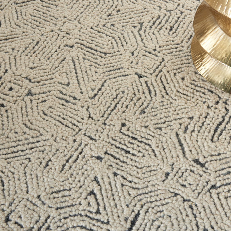Cream and Navy Tufted Geometric Wool Area Rug
