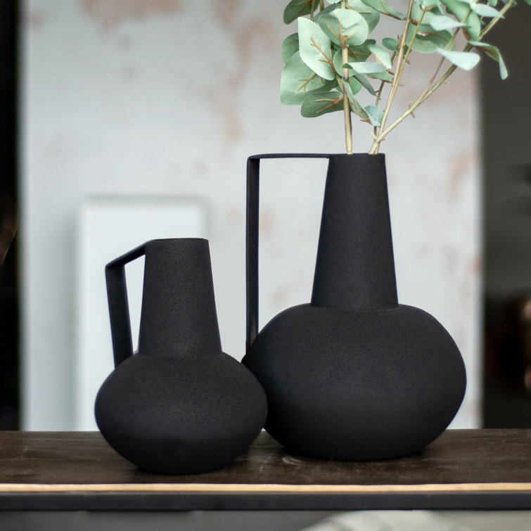 Textured Matte Black Iron Pitcher-Style Vase Set
