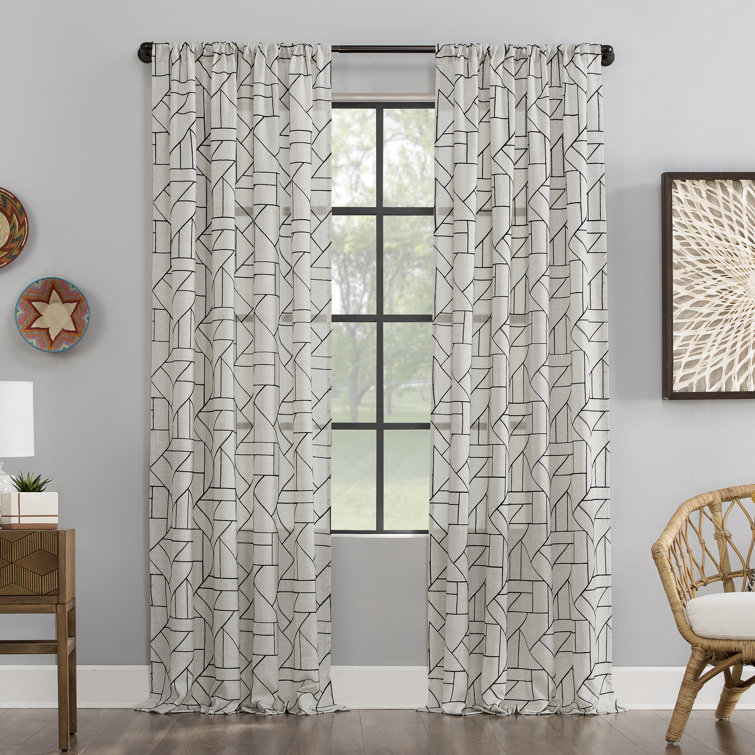 Black and Linen Geometric Embroidered Semi-Sheer Curtain Panel
