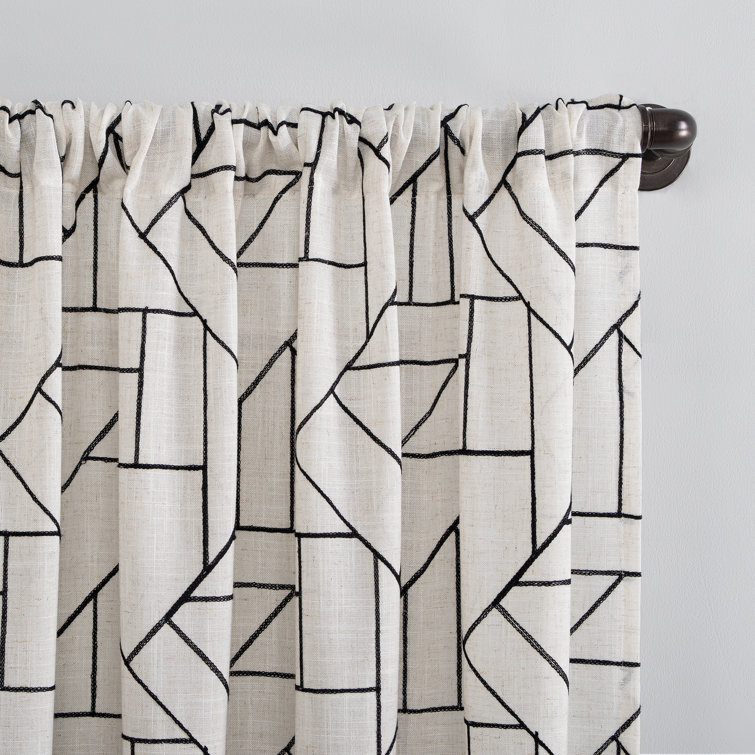 Black and Linen Geometric Embroidered Semi-Sheer Curtain Panel