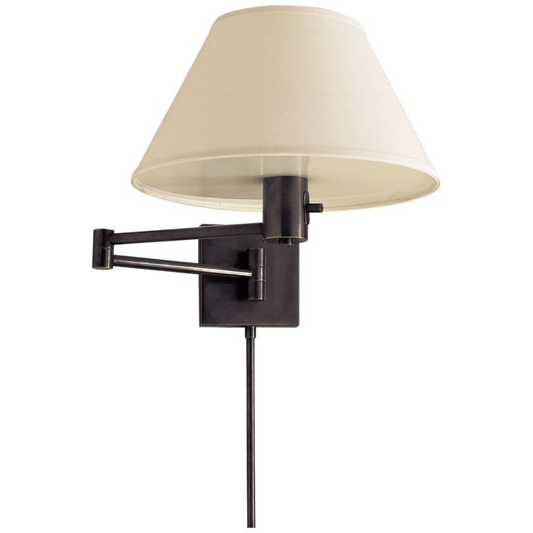 Bronze and Black Swing Arm Wall Lamp with Linen Shade