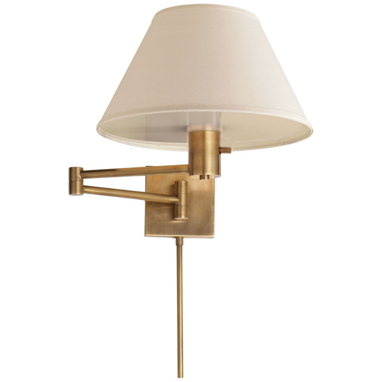 Classic 11" Antique Brass Swing Arm Wall Light with Linen Shade