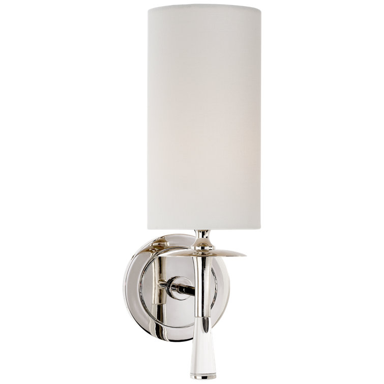 Polished Nickel and Crystal Torch-Style Sconce with Linen Shade
