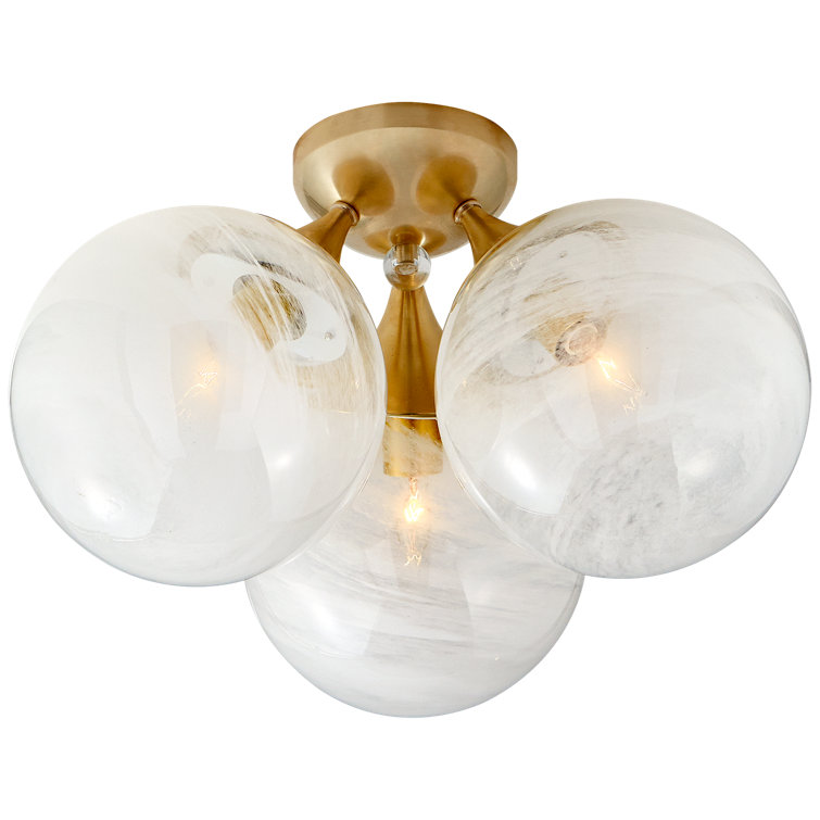 Cristol Triple Flush Ceiling Fixture in White Glass and Antique Brass