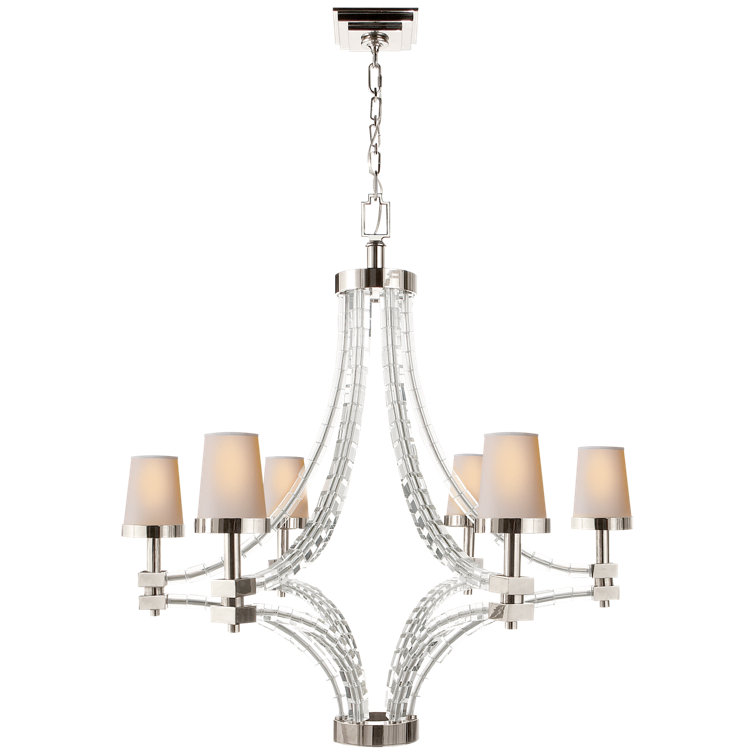 Polished Nickel Crystal 6-Light Chandelier with Candle Shades