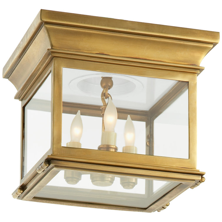 Antique-Burnished Brass and Glass 3-Light Flush Mount Fixture