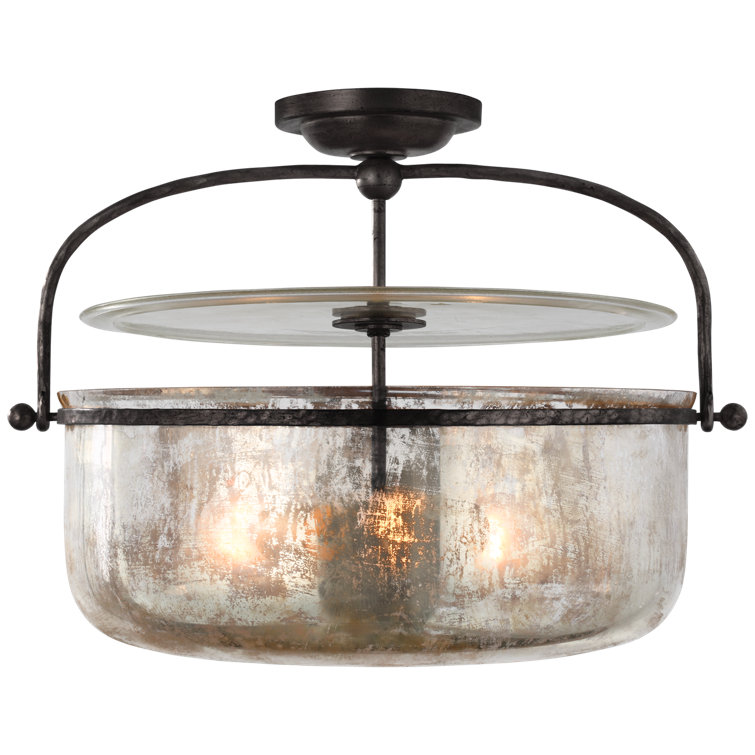 Lorford 15" Aged Iron Drum Semi Flush Mount with Mercury Glass