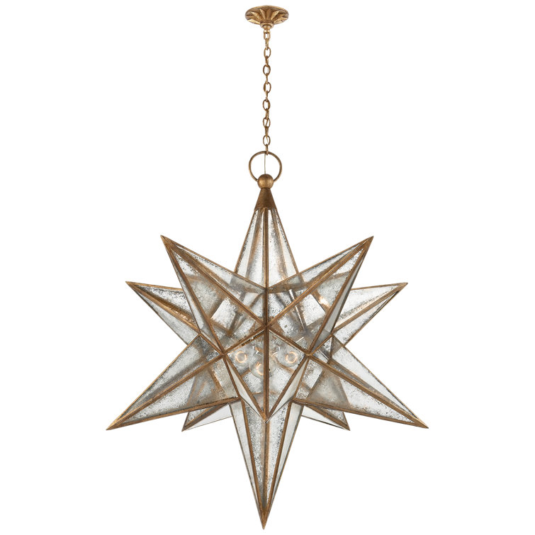 Large Antique Mirror Glass Star Pendant in Gilded Iron