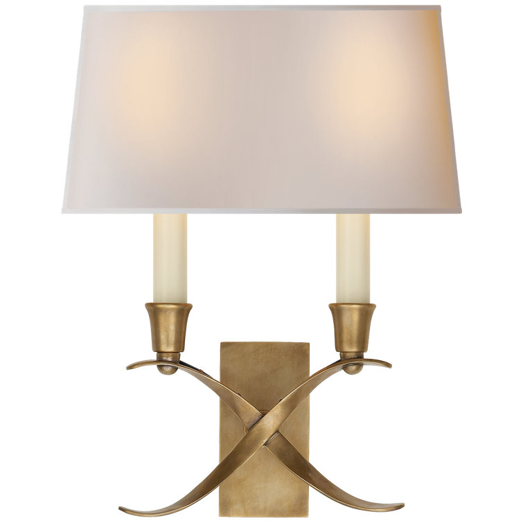 Antique Brass Double Light Sconce with Linen Shade