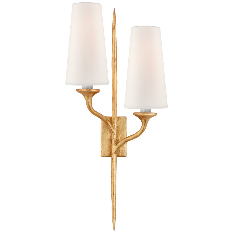 Iberia Elegance 24" Gold Leaf Double Wall Sconce with Linen Shades