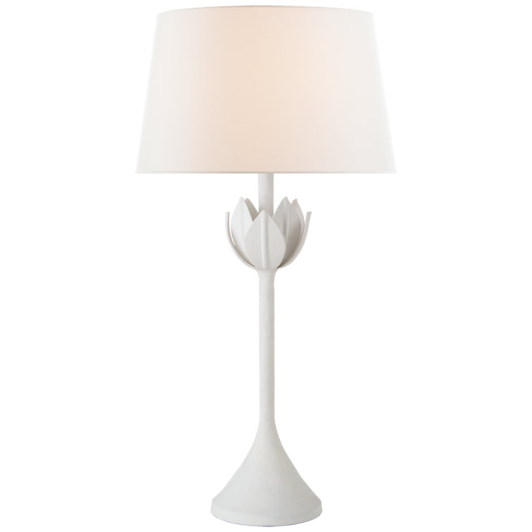 Alberto Petal-Detail Plaster White Steel Table Lamp with Linen Shade