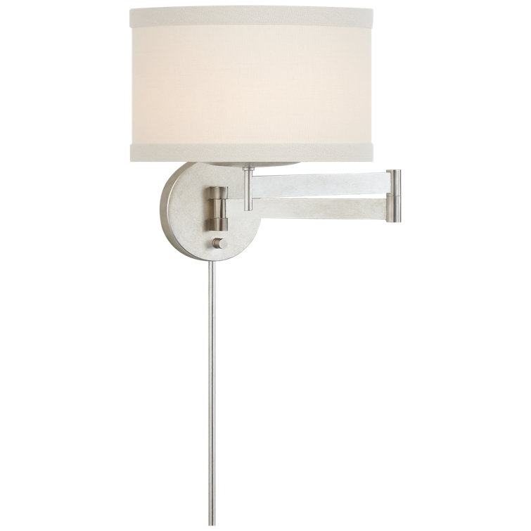 Elegant Black and Silver Adjustable Swing Arm Wall Sconce with Linen Shade