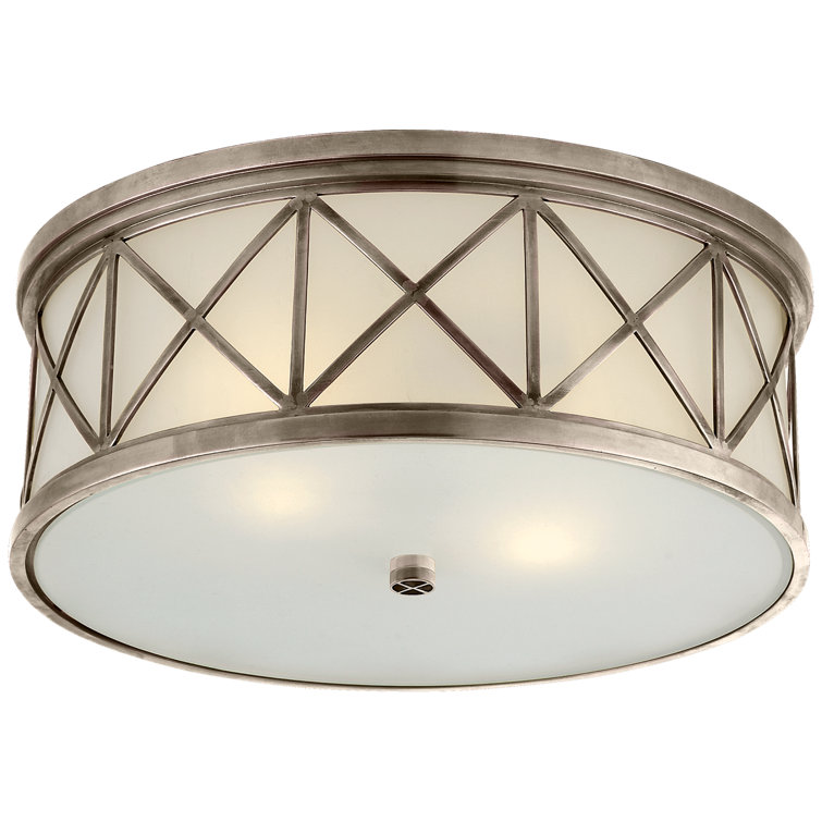 Art Deco Inspired Antique Nickel Drum Ceiling Light with Frosted Glass