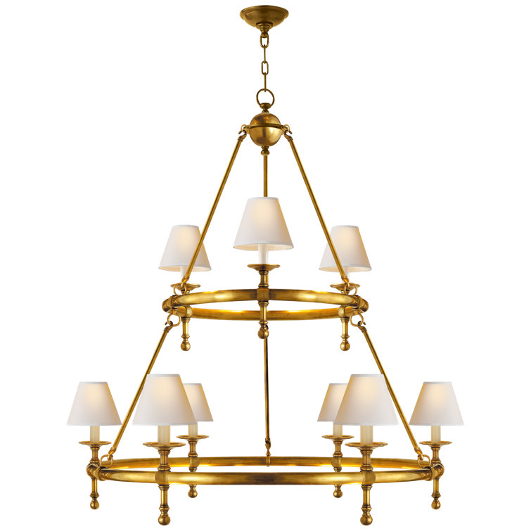 Hand-Rubbed Antique Brass Two-Tier Chandelier with Fabric Shades