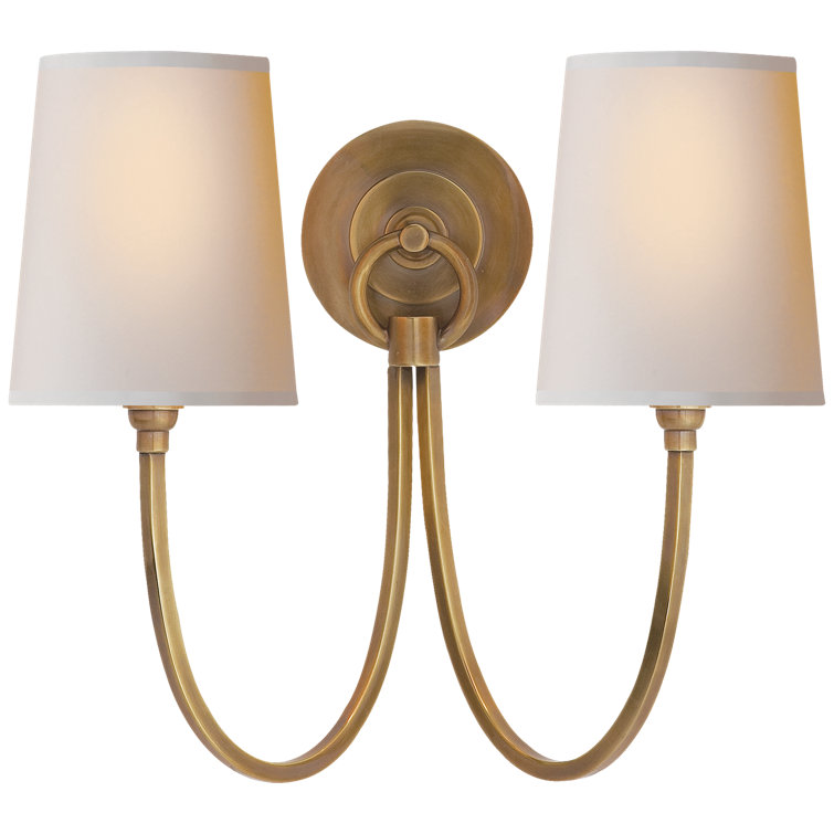 Hand-Rubbed Antique Brass 2-Light Sconce with Off-White Linen Shades