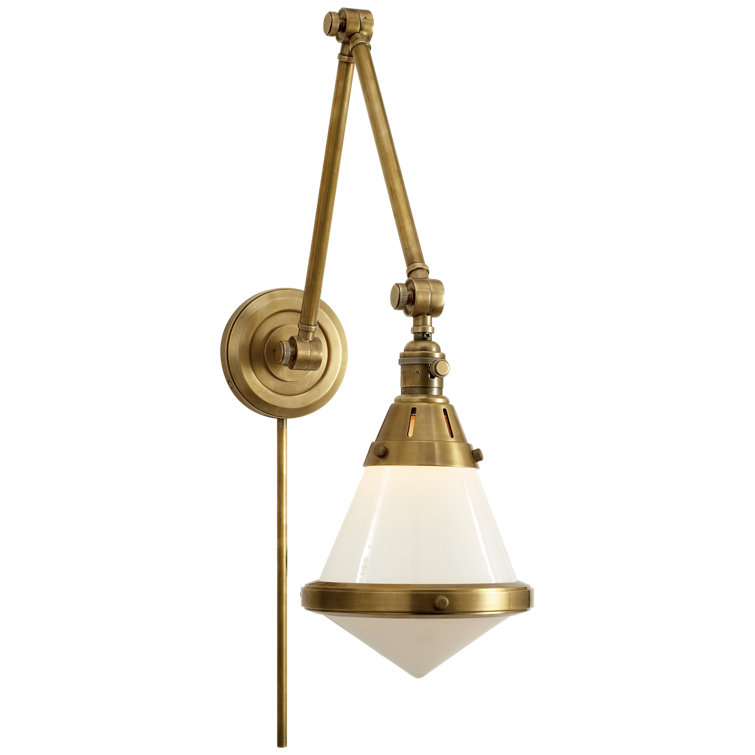 Antique Brass and White Glass Dimmable Plug-In Sconce