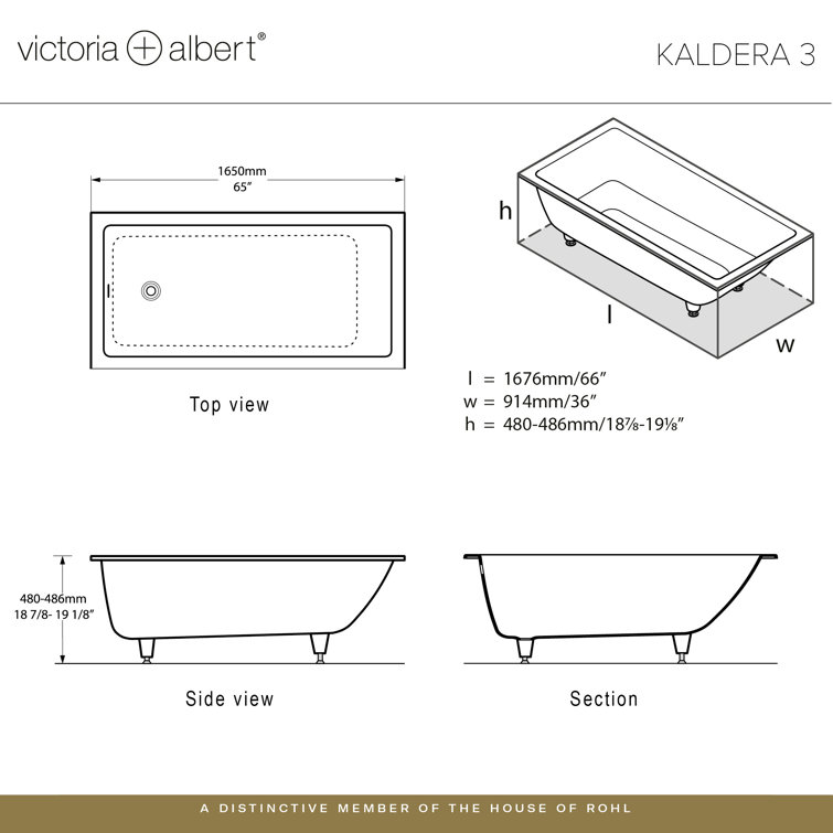 Kaldera 66" White Acrylic Rectangular Drop-In Bathtub