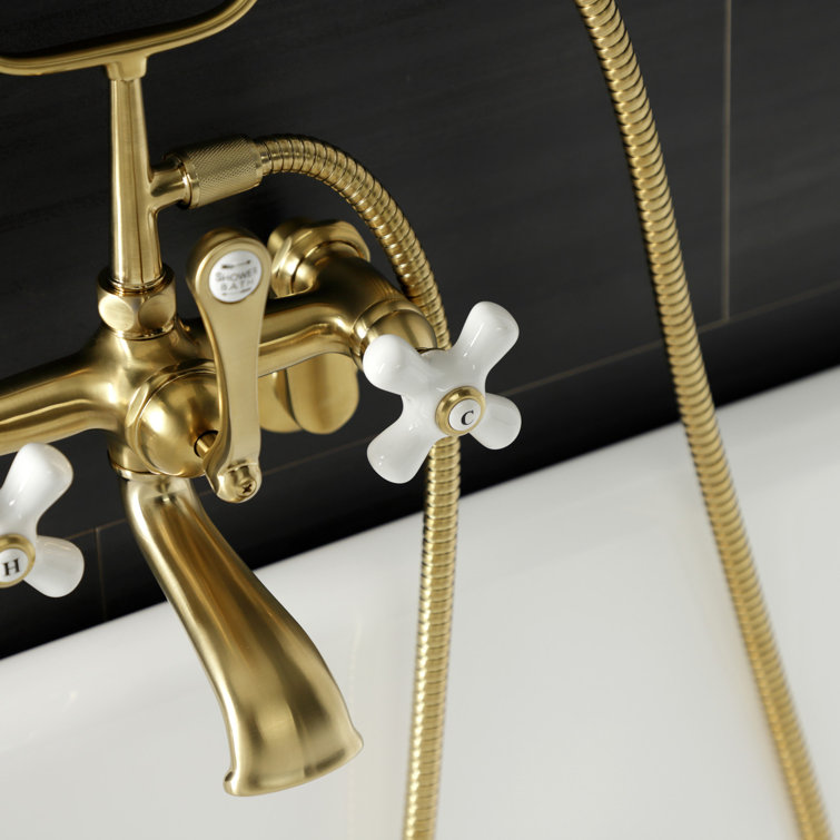 Brushed Brass Vintage Wall Mount Clawfoot Tub Faucet with Hand Shower