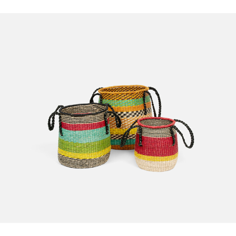 Vibrant Trio Seagrass Round Basket Set with Long Handles